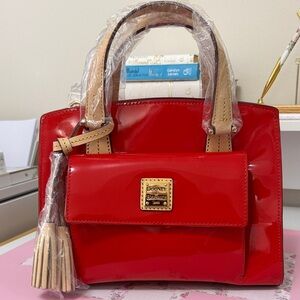 Dooney & Bourke Red Patent Satchel with Tan Trim